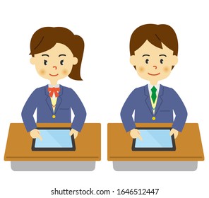 A set of children learning on tablet devices. Vector data on white background.