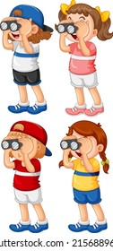 Set of children look through binoculars illustration