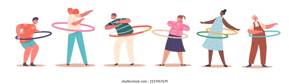 Set of Children Male or Female Characters Exercising with Hula Hoop Rolling on Waist. Summertime Recreation, Outdoor or Indoor Activity, Kids Active Sparetime. Cartoon People Vector Illustration