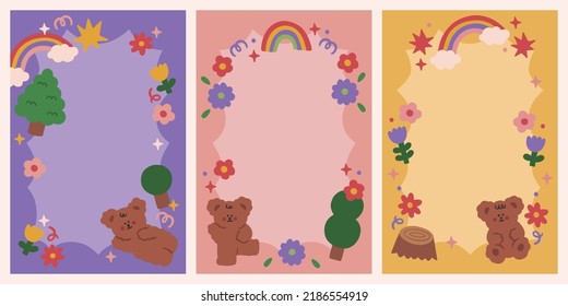 Set of children memo scrapbook and notes cute bear wreath templates