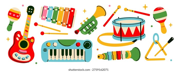 Set of children musical instruments. Stickers with childrens guitar, drums, piano, trumpet, and maracas. Musical toys for playing. Flat vector illustration collection isolated on background