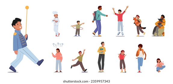 Set of Children on Parade, Run, Feel Pain, Play with Dog and Cat. Student with Book and School Bag, Girls and Boys Characters Jump, Wear Chef Uniform, Confused. Cartoon People Vector Illustration