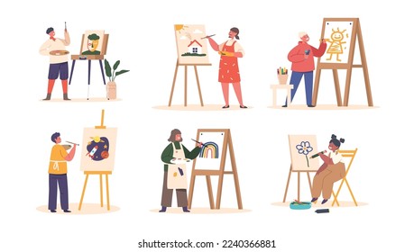 Set Children Painting on Easel. Little Boys and Girls Characters Drawing in Artist Studio or Art School Workshop Create Pictures with Dye and Paintbrush on Canvas. Cartoon People Vector Illustration