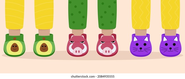 Set of children pajama slippers. Children feet in funny slippers. Pajama party.