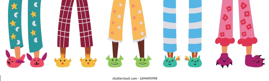 Set of children pajama slippers. Pajama party. Vector editable illustration