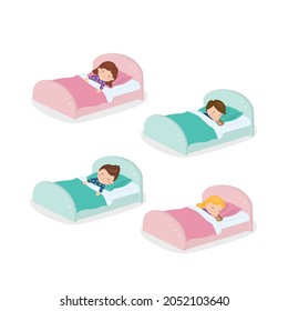 Set of children in pajamas sleeping in beds. Sleeping kids isolated on white background. Little boys and girls resting at night. Sleepy teenagers collection. Bedtime. Trendy flat vector illustration