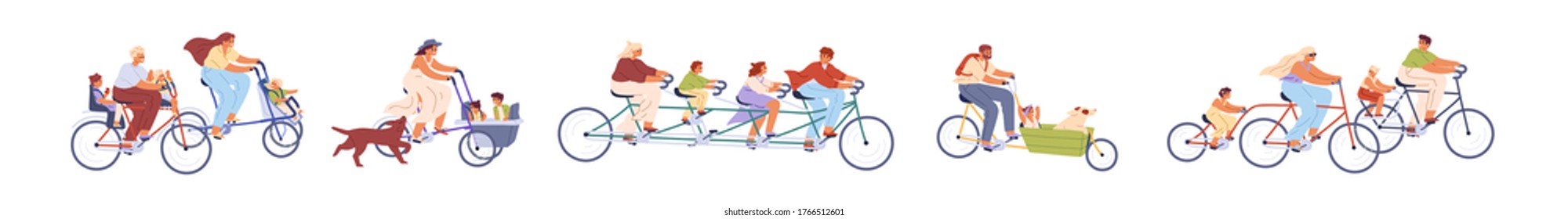 Conjunto de niños con padres en la ilustración vectorial de bicicletas. Colección de diferentes familias activas montando en bicicleta aisladas en blanco. Hombres, mujeres, niños y perros disfrutan de actividades al aire libre