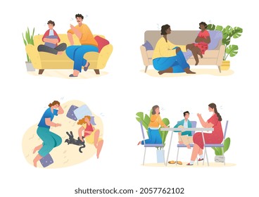 Set With Children And Parents Spending Time Together At Home. Father And Mother Are Talking To Son Or Daughter. Concept Of Family Relations, Parenting. Flat Cartoon Vector Illustration