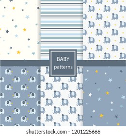 Set of children patterns with elephants, stars and stripes