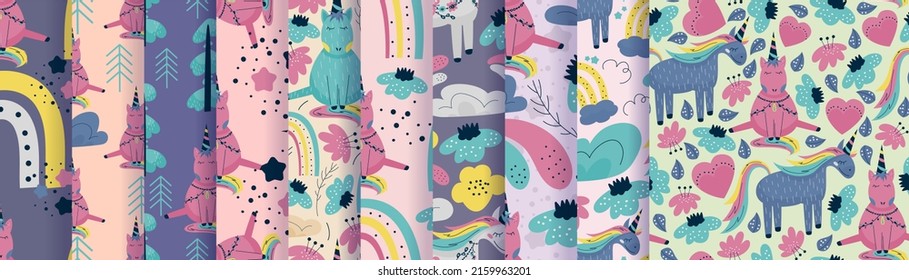 Set of children patterns with unicorns, rainbows patterns set fabulous horses and flowers in a flat style. Flowers, unicorns and rainbows for fantasy children's designs. Vector illustration