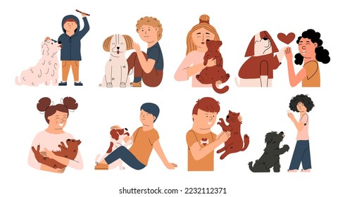 Set of children with pets. The girl hugs the cat, the boy plays with the dog. Collection of characters with animals. The concept of emotional support animal. Vector illustration in flat style