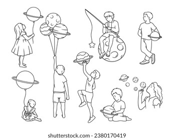 Set of сosmos children with planets. Collection of flying kids with with balloon planet, stars. Explorers kids. Solar system. Vector illustration for funny children's books, fairy tales. 