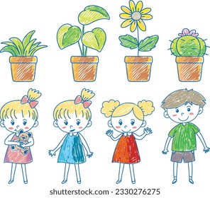 KinderSet und Pflanze in ktopfschreiblicher Illustration