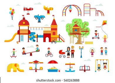 Conjunto de elementos de parque infantil y atracciones para niños ilustración plana vectorial para diseño infográfico. Swings, sandbox, deslizamiento aislado en fondo blanco. Familia caminando por el parque