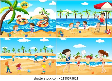 A set of children playing at beach illustration