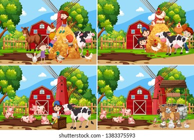 Set of children playing at farm illustration