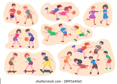Set of children playing. Happy kids doing physical exercise, playing catch-up, basketball, sports game. Active healthy childhood. Flat vector cartoon illustration isolated on white background