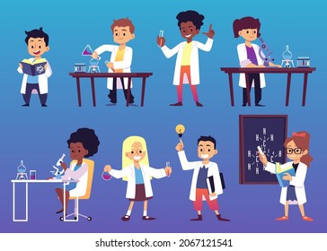 Set Of Children Playing With Laboratory Equipment, Flat Vector Illustration Isolated On Background. Cute Kids Scientists Characters Studying Chemistry Or Biology.