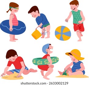 Set of children playing on the beach in summer building sand castle. flat vector on white background  