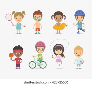 Set of children playing on summer holidays. Vector illustration. Kids playing various summer games.