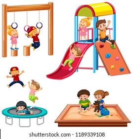 Set of children playing playground equipment illustration