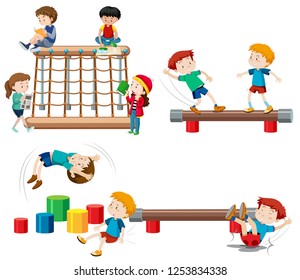 Set Children Playing Playground Equipment Illustration Stock Vector ...