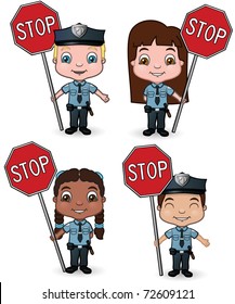 A set of children playing police officers with stop signs