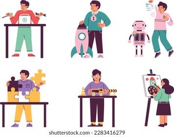 Set of children playing with robots and toys. Flat style vector illustration.