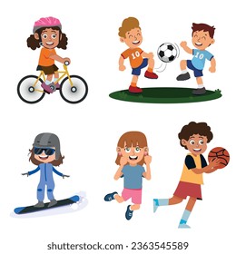 set of children playing sports, boys and girls doing physical activities. cycling, football, jumping, snowboarding and basketball. Vector illustration.