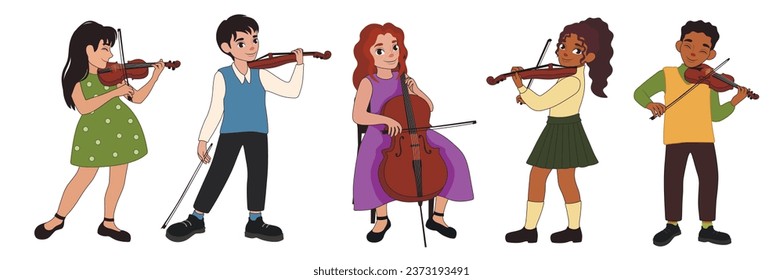 Juego de niños jugando violines sobre fondo blanco