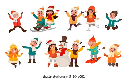 Set of children playing in the winter. Boys and girls make merry, sculpt a snowman, sledding, skiing and ice skating. Vector illustration in cartoon style