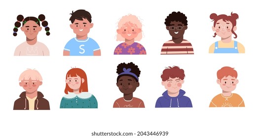 Set of children portrait avatars on white background. Collection of smiling faces of school boys and girls with different hairstyles, skin colors and ethnicities. Flat cartoon vector illustration