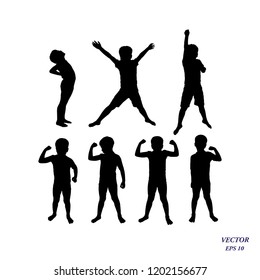 Set of children powerful. Vector silhouette of confident boy athlete showing his muscles, strength and power concept. Healthy child lifestyle. Isolated on white background. EPS10