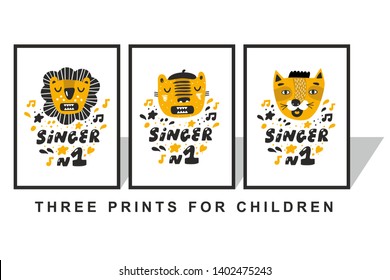 Set of children prints with tropical animals with opened mouth. Musical images of star singers. Best wall art as posters in room of small talented kids.