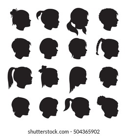 Set of children profiles silhouettes with different hairstyles