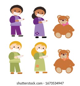Set with children in protective masks. Vector illustration with boys and  girls of different races who want to protect the toy teddy bear from the virus.