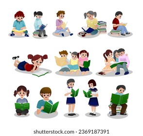 Set of children reading a book, for flash card, sticker, background, and other. A simple vector design.