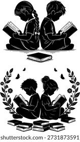 Set of children reading books silhouettes with floral wreath and butterflies