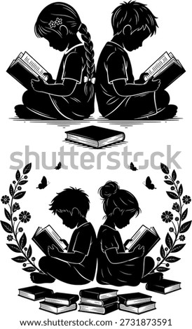 Set of children reading books silhouettes with floral wreath and butterflies