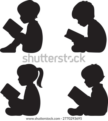Set of children reading books silhouettes, boy and girl sitting and studying vector illustration.
