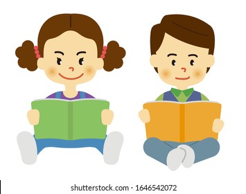 Reihe von Kindern, die Bücher lesen. Vektorillustration auf weißem Hintergrund.