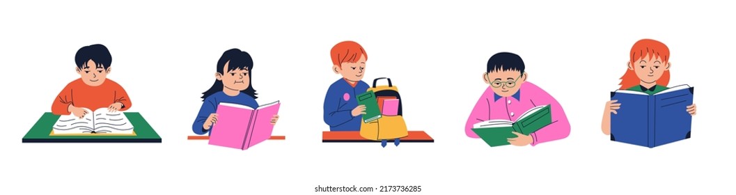 Set of children reading children. Collections of cute boys and girls who love to read. Cartoon colorful vector illustration
