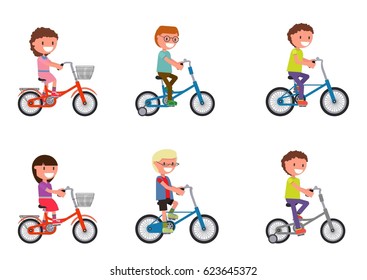 set. Children ride a bicycle. Vector illustration. Flat style design. Isolated on a white background.