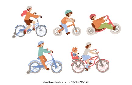 Set of children riding bicycles of different types - city, 4 wheel, balance bike and bmx bicycle with Child Seat, Baby Carrier Seat. Kids doing summer sport activities on bikes.