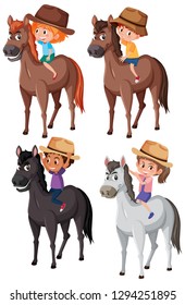 Set of children riding horse illustration