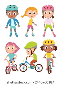 Set of children riding roller skates and bicycle. Boy and girl. International. Vector flat cartoon isolated