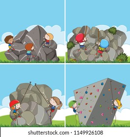 A set of children rock climbing illustration