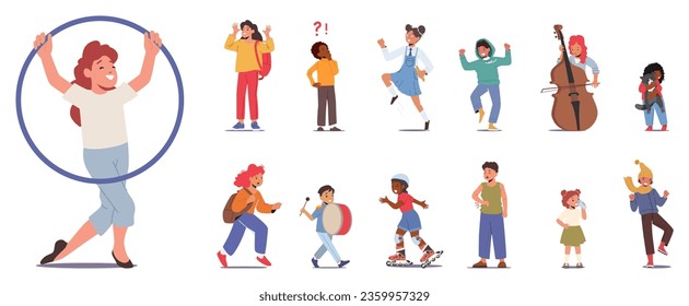 Set of Children Rollerblading, Play with Hula Hoop, Cello and Drum, Drink Water. Girls and Boys Wear Autumn and Summer Clothes, Love Pet, Confused, Happy Characters. Cartoon People Vector Illustration