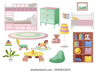 Set of children room furniture in flat cartoon design. Furniture and decor for a children's room to create a fun and cozy atmosphere on a white background. Vector illustration.