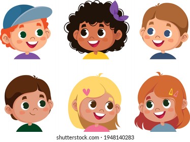 Set of children s emotions. Facial expression. Cartoon boy and girl avatar. Vector illustration of baby cartoon character cute